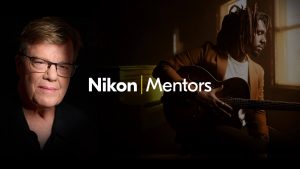 Joe McNally headshot and darkened image of a guitar player with the words Nikon Mentors